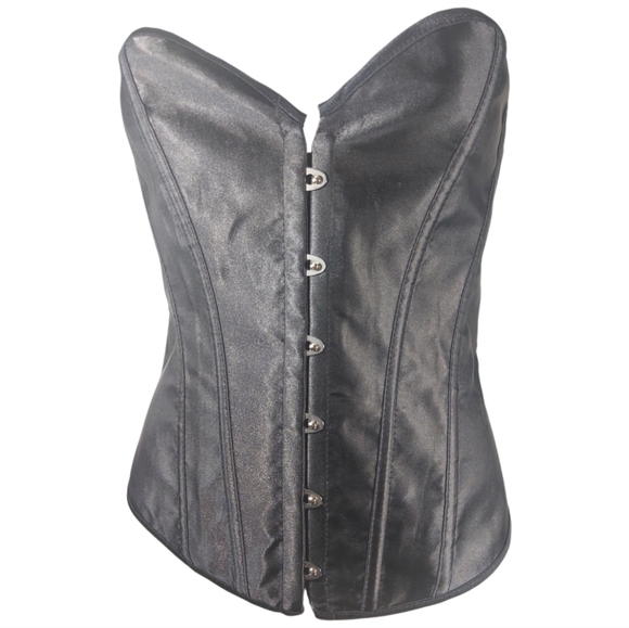 Black Ribbed Bone Corset Size Small - Tie-Up Back/ Front Metal Clasps - Picture 1 of 3